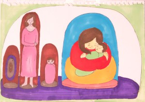 “All of Me in Glass” There exist within me so many ‘me’s’: the chaos, the infant, the adult without child and the mother I am now. I am finding my colours, my warmth with my son, he loves me and he needs me and I can be safe. But how do I take the other me’s and put them in here where there is light and love? How do I tame the chaos?